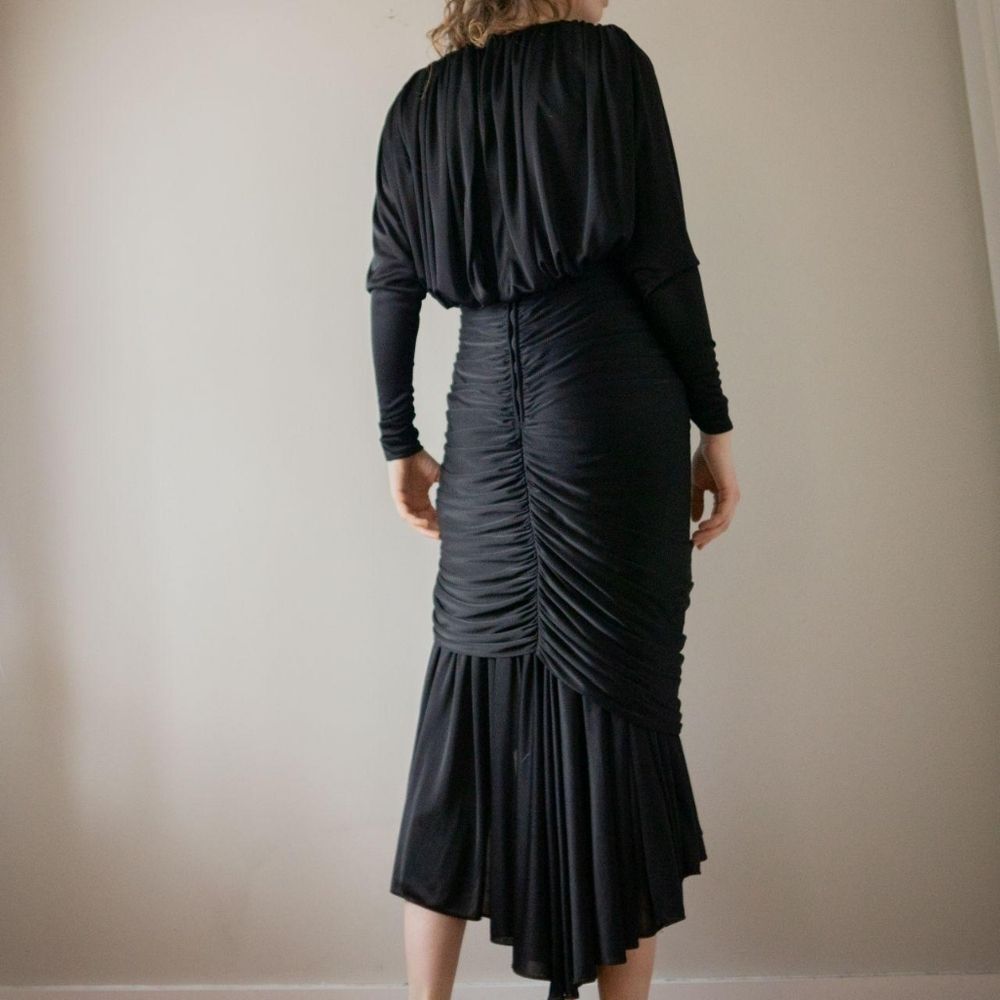 Vintage Black 80s Cocktail Evening Draped Women's Dress with Rhinestone details - Picture 2 of 8